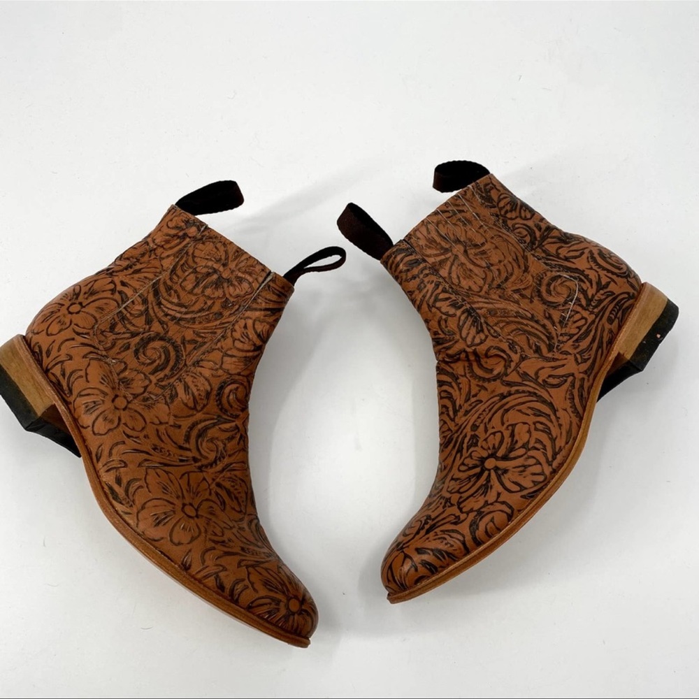 Boho Brown Leather Etched Floral Brown Chelsea Booties